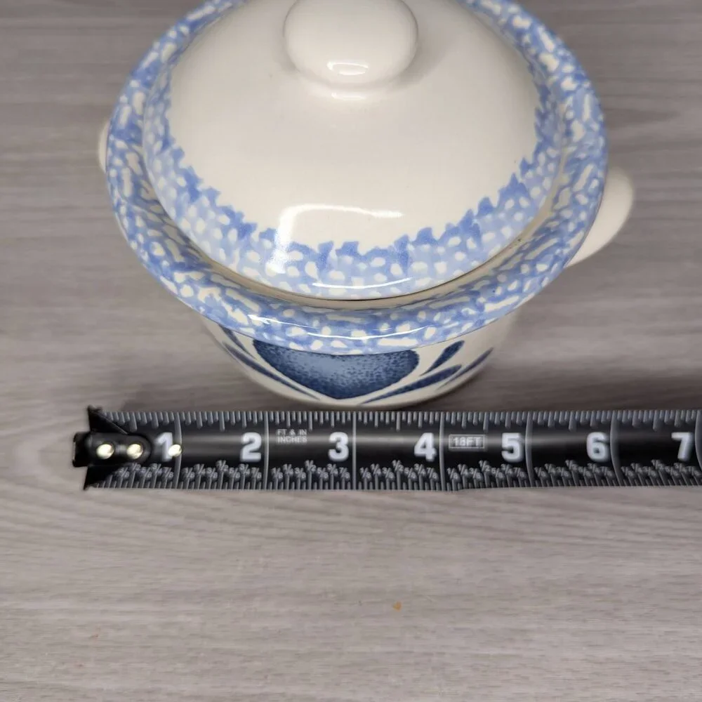 Vintage Corelle Stoneware Blue Hearts Ceramic Onion Soup Crock w/Handmade Candle